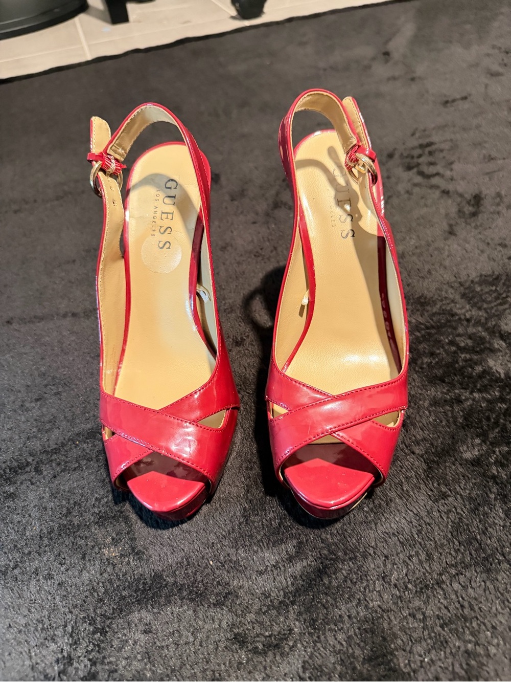 Guess Red Patent Peep-Toe Slingback Heels